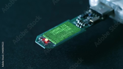 Flashing red LED and a lines of program code moves on a microchip in a circuit board of usb flash drives, symbolizing the operation of an electronic device or downloading data. Closeup. Macro
