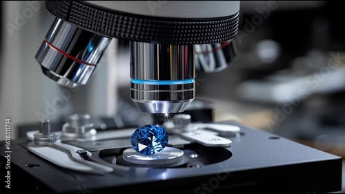 A blue diamond is being examined under a microscope. The diamond is shining brightly, and the microscope is focused on it. Concept of wonder and fascination with the beauty of the diamond