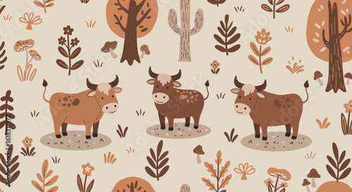 Cows in Autumnal Patterns: Charming illustrations depict a delightful array of cows amidst stylized autumnal elements, including trees and foliage, creating a whimsical tapestry of the season.