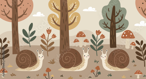 Whimsical Snail Trio in Enchanted Woodland: This charming illustration captures three cheerful snails meandering through an idyllic forest scene, embraced by stylized trees, flora.
