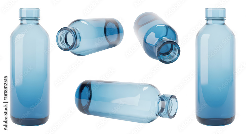 Four blue water bottles arranged in various positions on a clean white background suggesting hydration or beverage concepts Four blue water bottles arranged in various positions on a clean white background suggesting hydration or beverage concepts