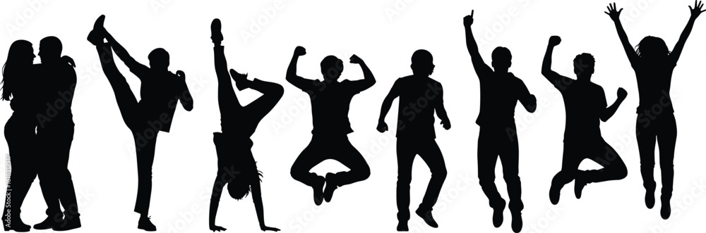 Silhouettes of people dancing, jumping, kicking, celebrating, in motion, expressive poses for fitness, performance, lifestyle, action, energy concept Silhouettes of people dancing, jumping, kicking, celebrating, in motion, expressive poses for fitness, performance, lifestyle, action, energy concept