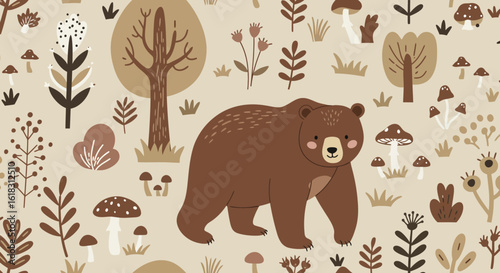 Cartoon Brown Bear: A charming cartoon brown bear ventures through a whimsical forest, surrounded by stylized trees, mushrooms, and other delightful natural elements, creating an enchanting scene.