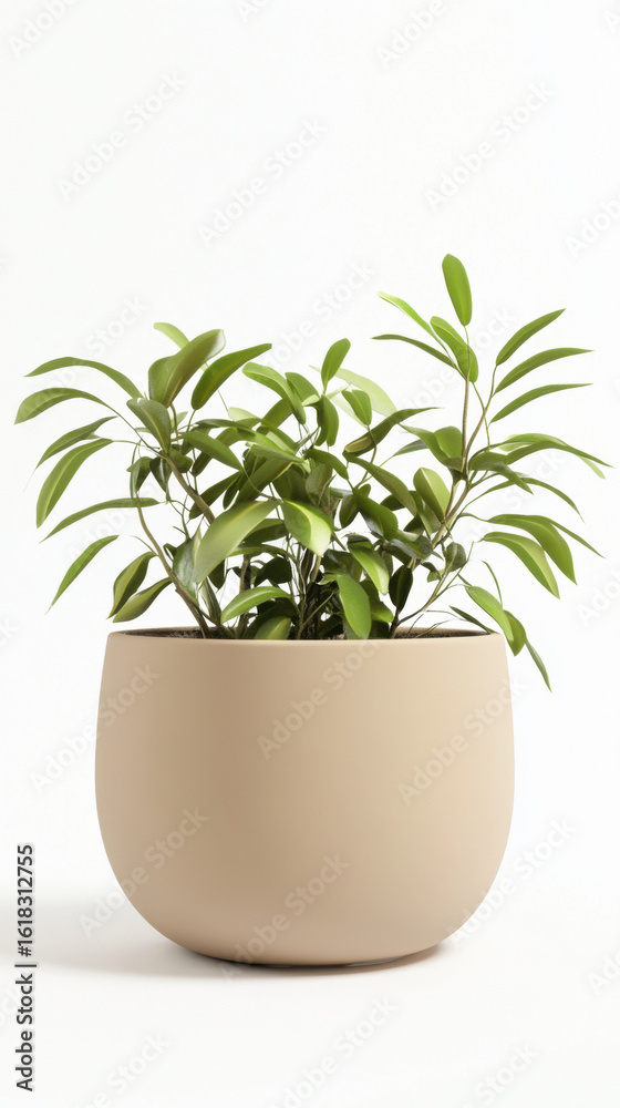 Fototapeta premium Vibrant greenhouse plant in modern beige pot on white background