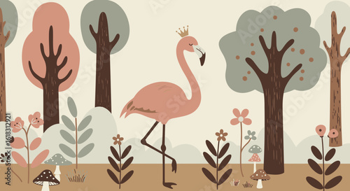 Pink Flamingo's Enchanted Forest: An illustration of a whimsical scene, featuring a regal flamingo adorned with a crown, gracefully poised within a vibrant forest setting.