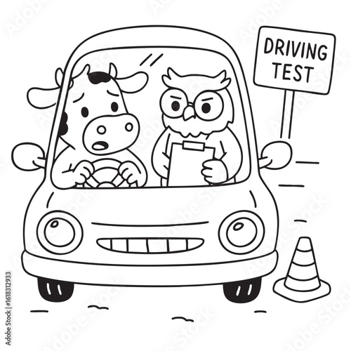 Cute cow sitting in a car during driving test with an owl as examiner. Cartoon-style vector illustration for a childrens coloring book