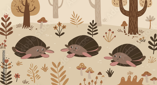 Armadillos in the Autumnal Scene: Three charming cartoon armadillos cheerfully stroll through a whimsical landscape. Illustrating a lighthearted scene with earthy tones and a touch of fantasy.