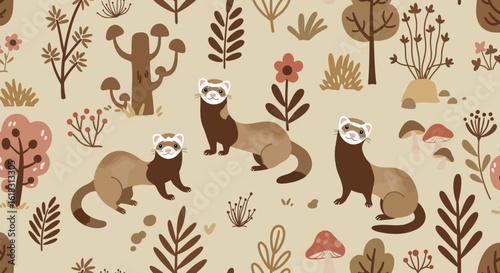 Ferret Harmony in Nature: A charming illustration depicts several ferrets frolicking amidst a detailed, organic setting featuring plants and stylized trees.