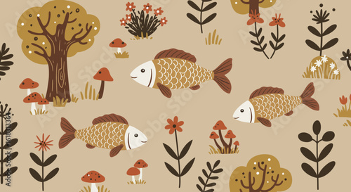 Whimsical Woodland Fish: A delightful illustration depicts whimsical fishes swimming amidst an enchanting landscape of trees, flowers, and mushrooms. The scene radiates a playful charm.