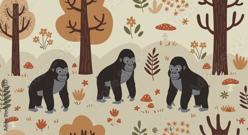 Gorilla in Woodland: In a charming illustration, three gorillas stroll through a stylized woodland setting, surrounded by trees, flowers and a lush landscape. A whimsical.