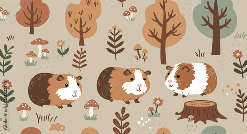 Guinea Pig Forest Adventure: A whimsical illustration of three adorable guinea pigs navigating a colorful forest teeming with autumnal trees, playful mushrooms, and vibrant flora.