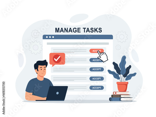 A man uses a laptop to manage tasks on a digital interface, accepting a new assignment.