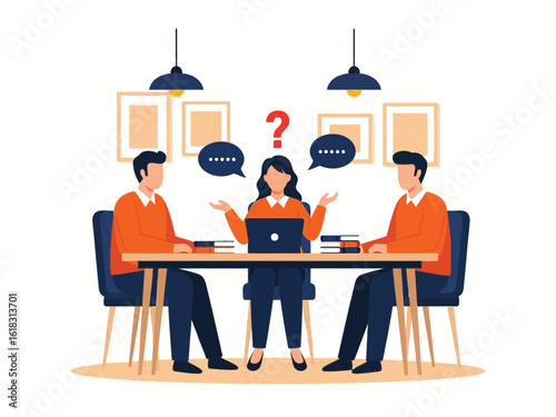 A confused woman with a question mark shrugging between two men during a difficult business meeting.