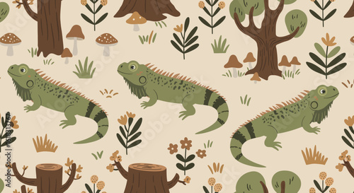Iguana Nature Pattern: A captivating seamless pattern showcases vibrant green iguanas gracefully amidst a whimsical natural environment, enhanced with charming flora elements.