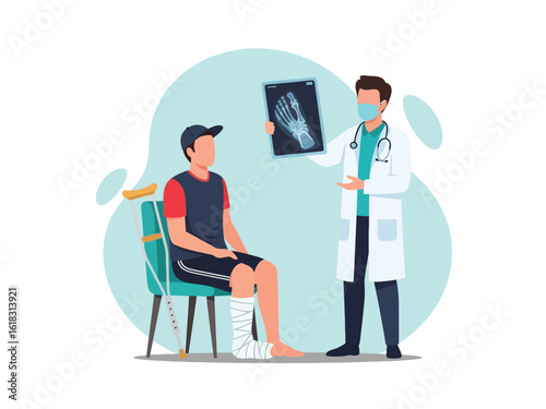 A doctor shows a foot X-ray to a young male patient with a broken leg in a cast.