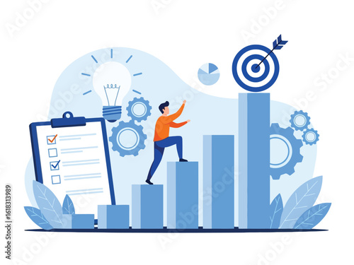 A businessman climbs a progressive bar chart towards a target, symbolizing career growth, strategy, and achieving goals.