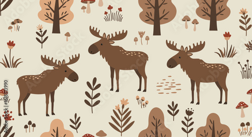 Moose Woodland Pattern: A delightful woodland pattern featuring moose figures set amidst stylized trees, mushrooms, and foliage. A seamless design of enchanting forest fauna.