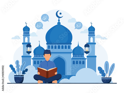 A Muslim man sits cross-legged reading the holy Quran in front of a large blue mosque.