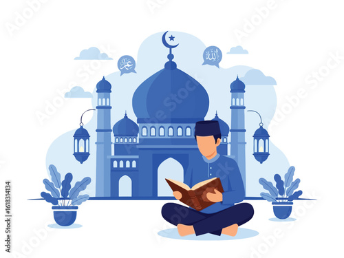 A Muslim man sits cross-legged reading the holy Quran in front of a large blue mosque illustration.