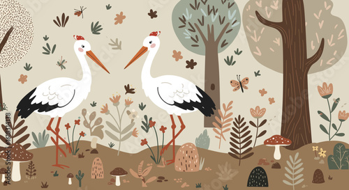 A Woodland Stroll: Two graceful storks wander leisurely through a whimsical woodland scene, the soft color palette creates a captivating scene.
