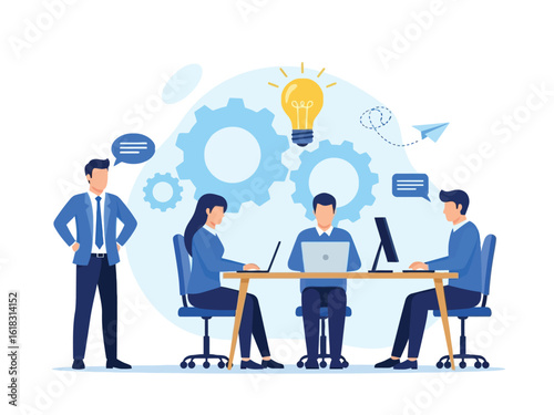 A business team collaborates in an office, brainstorming new ideas with laptops and a manager overseeing the process.