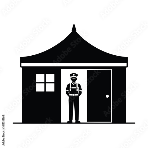 Security guard standing in front of a logistics tent at Oktoberfest  