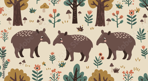 Tapir Trio in a Floral Forest: Three adorable tapirs wander playfully through a whimsical forest brimming with flowers, plants, and trees, presenting a vibrant and joyful nature-themed illustration.