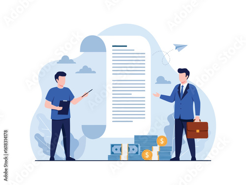 Two businessmen finalizing a business contract agreement, standing beside a large document and stacks of money.