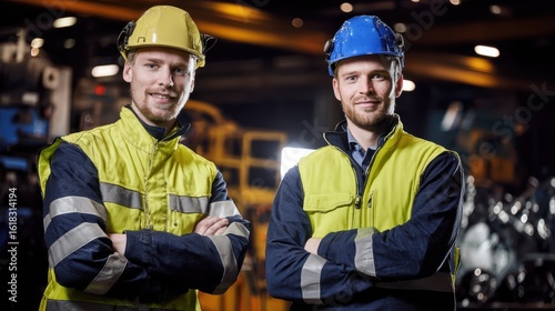 Two professionals in safety gear working near machinery in an industrial factory.