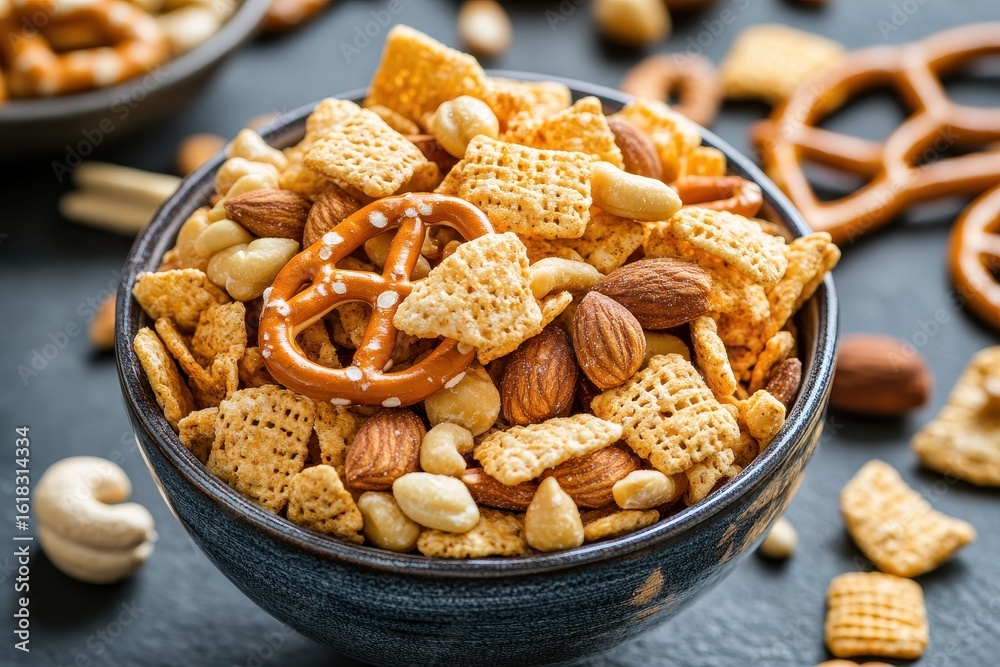 Obraz premium Delicious Snack Bowl with Nuts, Pretzels, and Crunchy Cereals