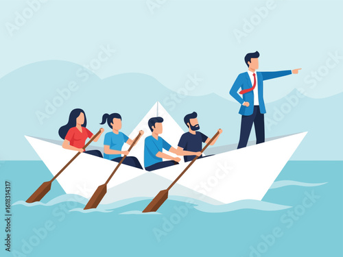A business leader guides his team of colleagues rowing together in a paper boat.