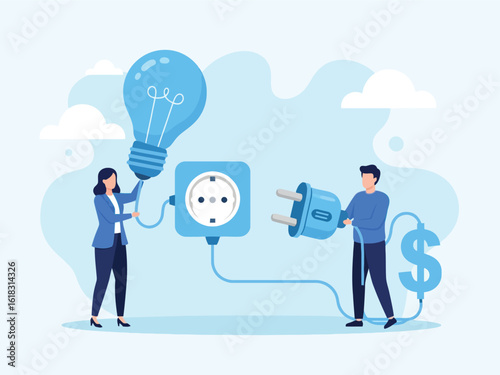Man and woman connecting a plug to a socket, illustrating the concept of electricity costs and energy consumption.
