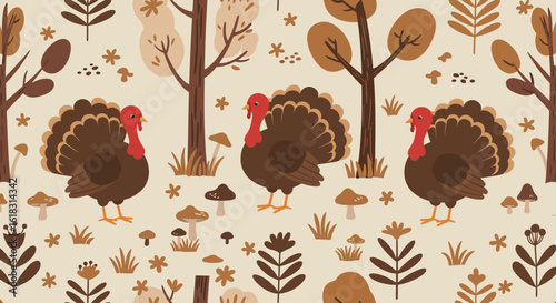 Thanksgiving Turkey Pattern: A seamless Thanksgiving pattern showcasing stylized turkeys amongst autumnal elements such as trees, leaves, and mushrooms, evoking the spirit of the holiday.