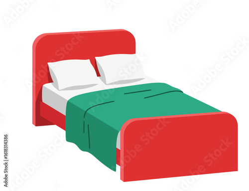 Red bed with green blanket and white pillows comfortable modern bedroom furniture design vector illustration