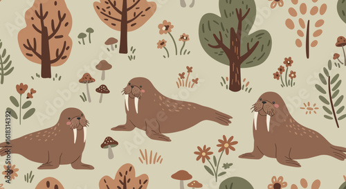Marine Mammals in Playful Landscape: An enchanting illustration features several walruses frolicking within a whimsical, natural setting.