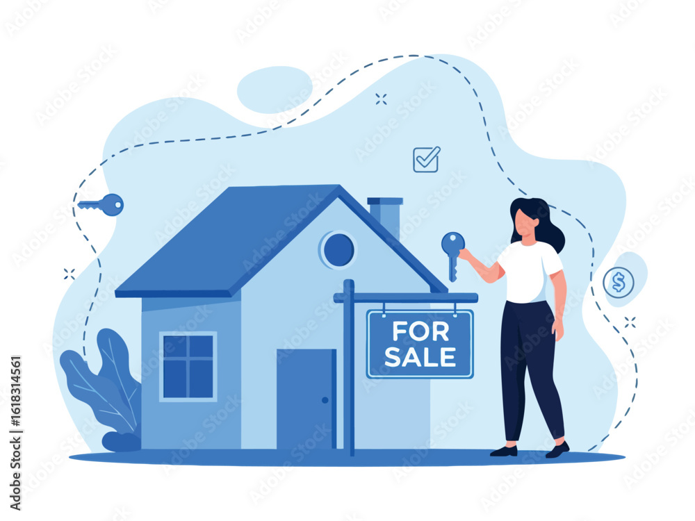 A female real estate agent presents a house for sale, holding keys to the property in a modern flat illustration. A female real estate agent presents a house for sale, holding keys to the property in a modern flat illustration.