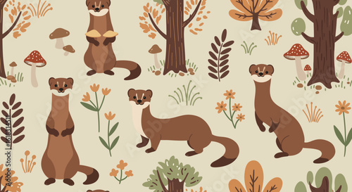 Playful Weasels in Forest Pattern: A charming illustration features a delightful pattern of playful weasels frolicking amidst stylized trees, mushrooms, and floral elements.