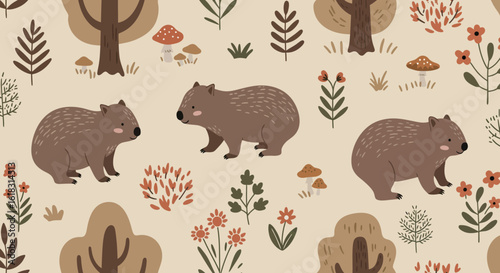 Cute Wombats and Forest Pattern: An adorable pattern features cute wombats. It's perfect for nature lovers.