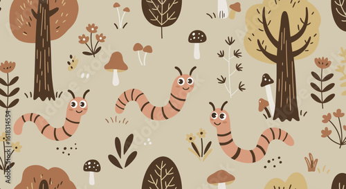 Whimsical Woodland Worms: Enchanting illustration of friendly, animated worms in a delightful forest setting, surrounded by mushrooms, trees, and foliage, showcasing a vibrant, playful environment.