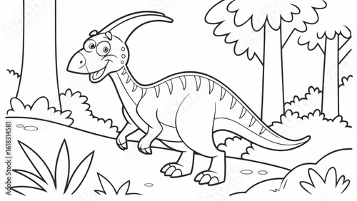 Vector Cartoon funny Parasaurolophus, funny image in the forest, Coloring book page for children. Line Art isolated on white background
