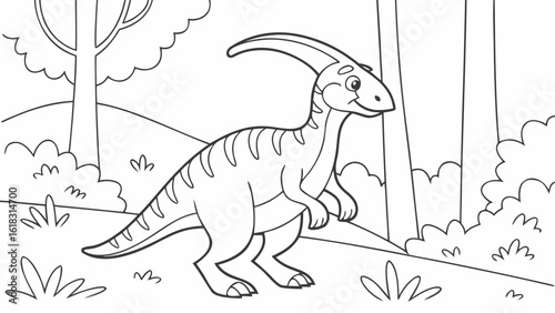 Vector Cartoon funny Parasaurolophus, funny image in the forest, Coloring book page for children. Line Art isolated on white background