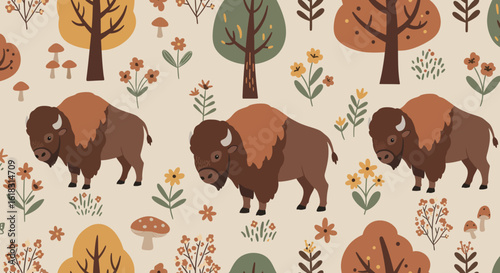 American Bison in Autumn Forest Pattern: A whimsical illustration presents a repeating pattern of majestic American bison amidst a stylized autumn forest filled with trees, flowers, and mushrooms.