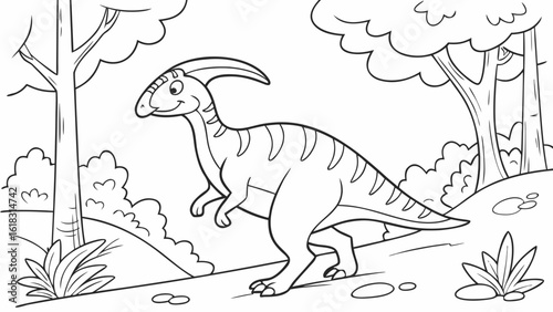 Vector Cartoon funny Parasaurolophus, funny image in the forest, Coloring book page for children. Line Art isolated on white background