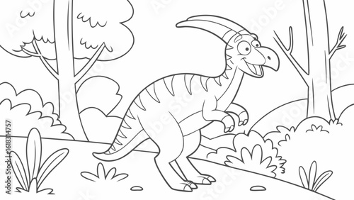 Vector Cartoon funny Parasaurolophus, funny image in the forest, Coloring book page for children. Line Art isolated on white background
