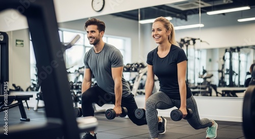 Happy athletic couple exercising with hand weights in lunge position in gym.