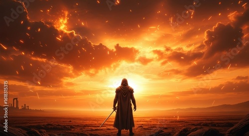 Epic Warrior Facing a Fiery Apocalypse Sky