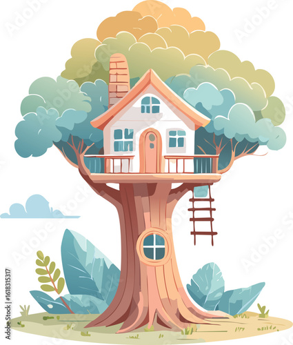 Whimsical Cartoon Forest with Treehouse in Soft Fantasy Colors