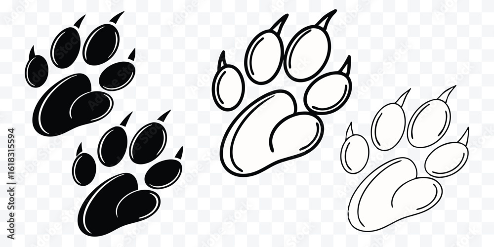 Fototapeta premium Bear Paw Prints in Black and White a Wildlife Illustration Vector Design with Claws and Toes