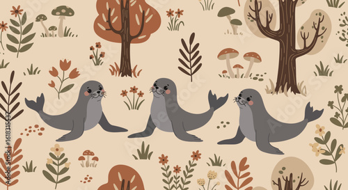 Seals in Forest Scene: Enchanting illustration of seals, adding a touch of fantasy to the forest setting. Witness the harmony between the seals and the natural forest landscape. 