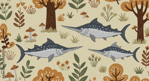 Swordfish Amidst the Flora: A whimsical illustration featuring three stylized swordfish, gracefully swimming through a decorative backdrop of autumnal foliage, trees, and charming mushrooms.
